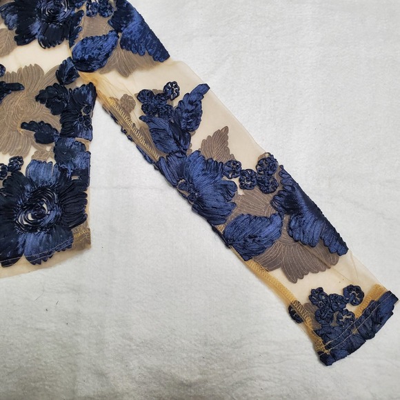 Akira Chicago Women Mesh Top Navy Blue Floral Applique Sheer Long Sleeve M - Picture 2 of 10
